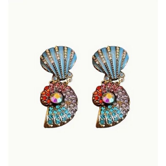 Stunning Blue Shell Rhinestone Earrings 2.24" Ombre Purple Pink Red - Picture 5 of 6